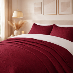 Quilt Bedding Set Floral Bedspread (BURGUNDY)